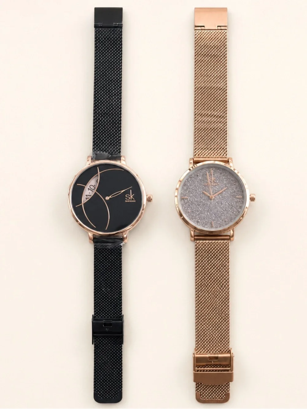SK & Wavilo Mesh Band Watch Bundle Black Rose Gold New